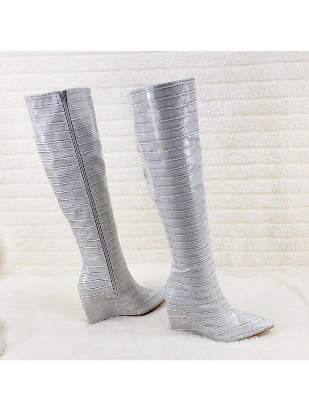 Ice White / Grey Reptile Texture Knee High Wedge Heel Boots Lexis